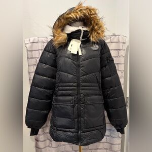 Madden Girl:XL Women Black Puffer Jacket with Faux Fur Hood Pockets